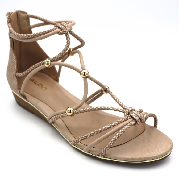 Aldo Shoes - Aldo Women 8.5 Beige Snakeskin Strappy Beaded Gladiator Flat Wedge Sandals Shoes